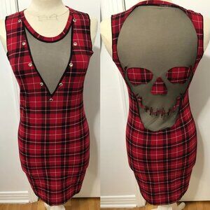 Y2K Mall Goth Punk Red Plaid Skull Mesh Dress SMALL MEDIUM